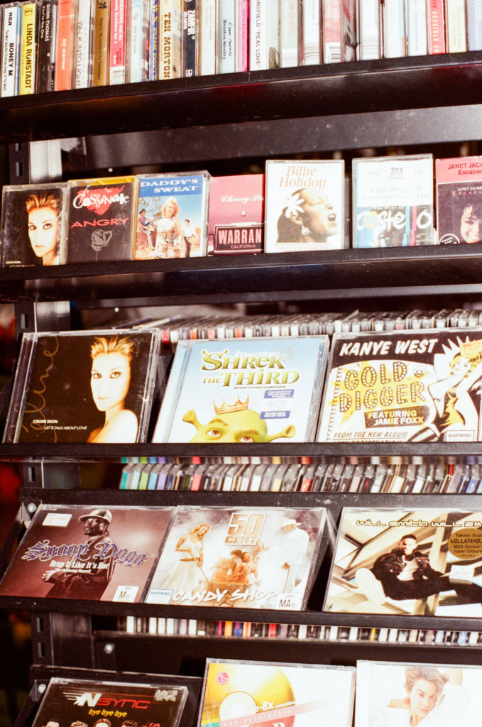 Y2K pop, hip hop and soundtrack CDs displayed at Deadbeat Sounds in Adelaide
