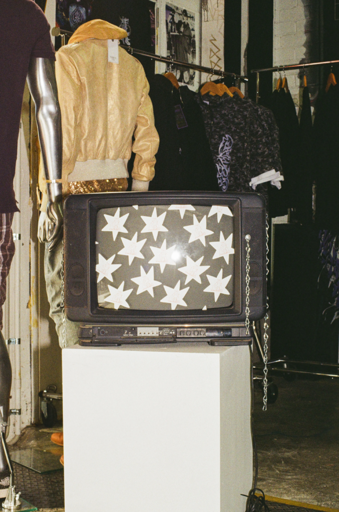 Vintage CRT television display inside Gamble Clothing Co’s streetwear space at My Dead Grandpa Adelaide