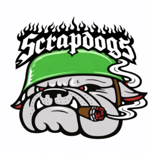 Scrapdogs bulldog logo with green cap and gothic lettering for a vintage seller at My Dead Grandpa Adelaide