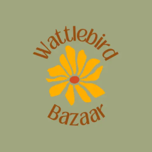 Wattlebird Bazaar logo with orange flower on olive green background for an independent seller at My Dead Grandpa vintage marketplace Adelaide