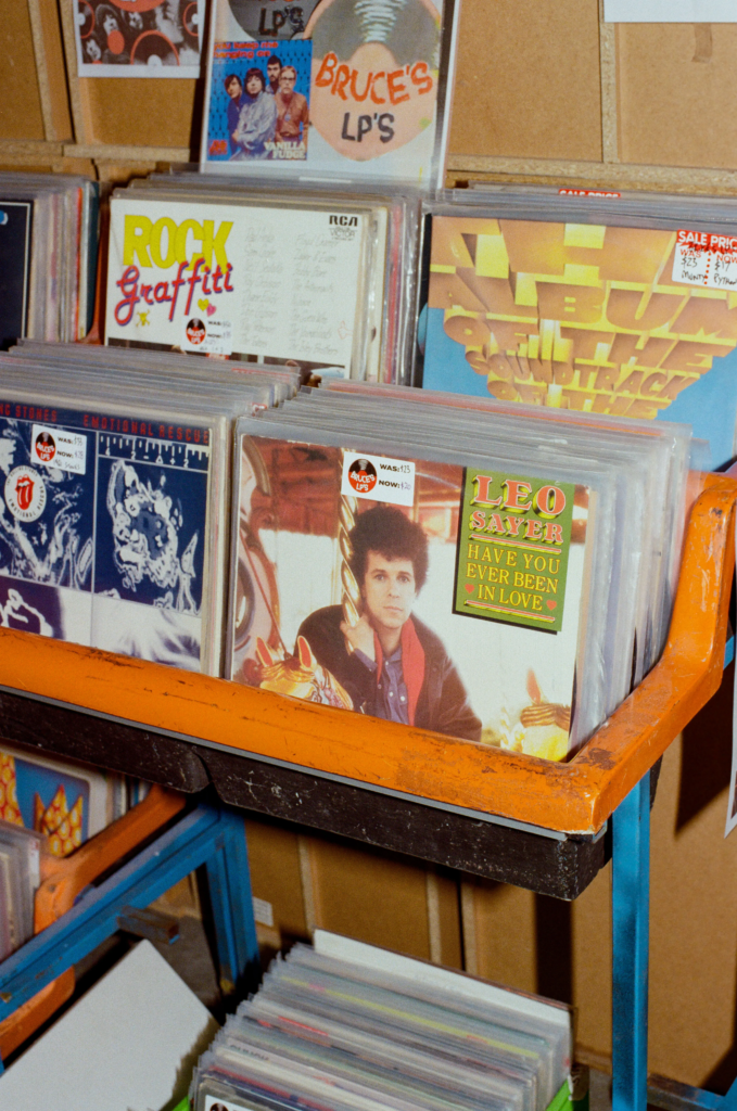 Second hand vinyl records from Bruce’s LPs at My Dead Grandpa in Adelaide, including Leo Sayer and Rolling Stones albums.