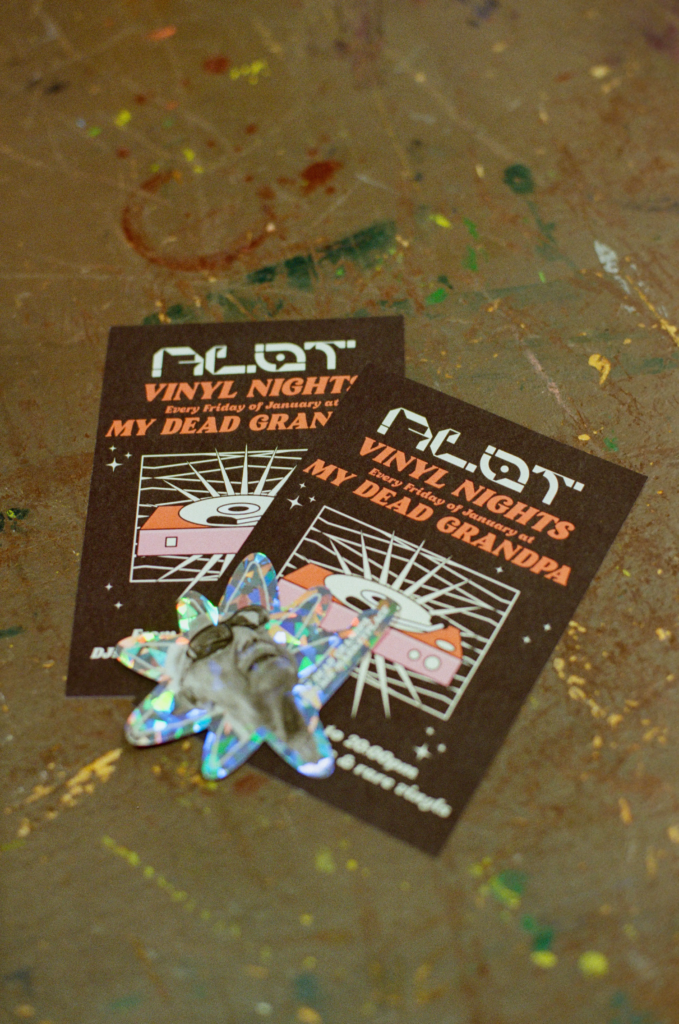 ALOT vinyl night flyers for My Dead Grandpa, featuring retro graphics and early 2000s inspired design.
