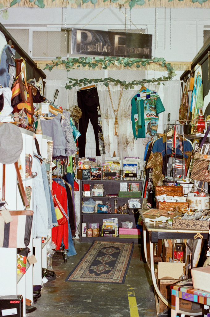 Pricilla’s Emporium stall display with upcycled clothing, accessories and handmade curios at My Dead Grandpa.