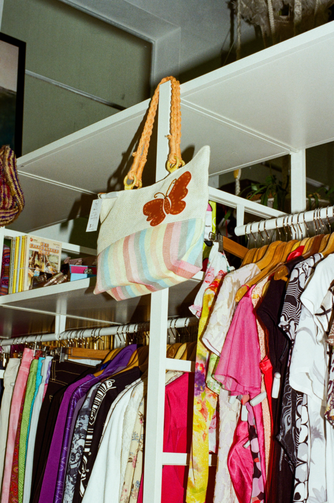 Pastel butterfly bag hanging above Rad.est Vintage clothing racks at My Dead Grandpa