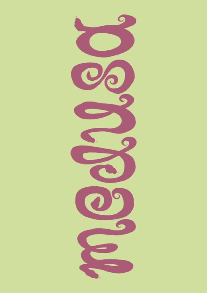 Medusa Vintage logo with pink snake-style lettering on a pale green background