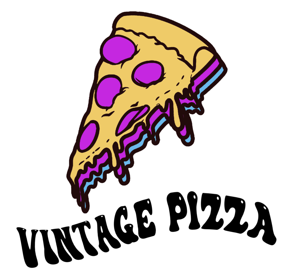 Vintage Pizza logo featuring a dripping yellow pizza slice with purple pepperoni and blue details