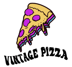 Vintage Pizza logo featuring a dripping yellow pizza slice with purple pepperoni and blue details